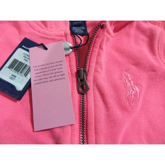 Polo Ralph Lauren Girls Hooded Jacket Hoodie Pink with Big Pink Pony 2T
